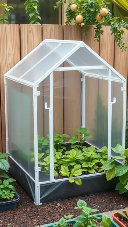 17+ Creative Mini Garden Ideas for Small Spaces 11 A small, clear mini greenhouse with green plants inside, set against a wooden fence.