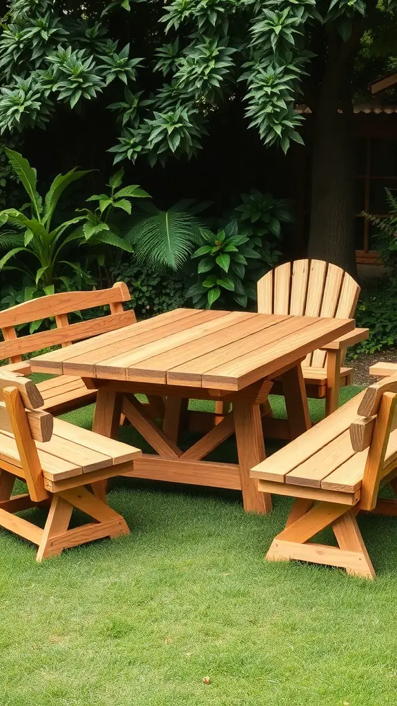 23+ Enchanting Cottage Core Backyard Ideas to Transform Your Outdoor Space 9 A rustic wooden table with matching benches in a lush garden setting.