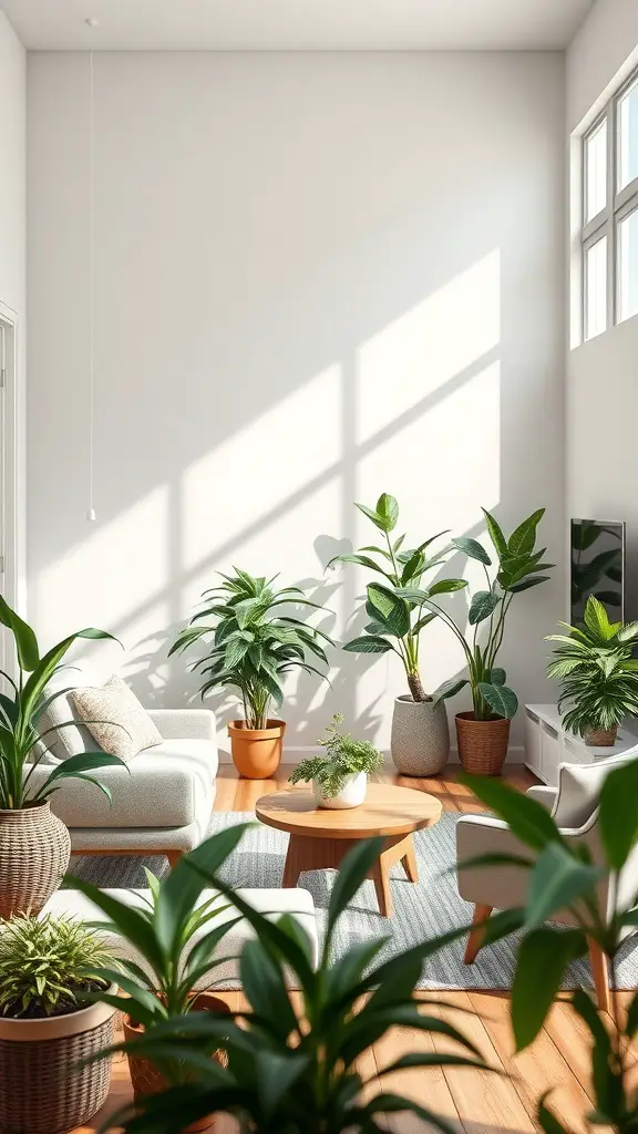 25+ Stylish Bloxburg Living Room Ideas You’ll Love 15 A bright and airy living room filled with various indoor plants, light-colored furniture, and a wooden coffee table.