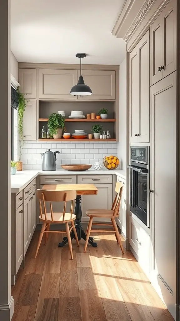 17+ Creative L Shaped Pantry Ideas for Your Kitchen 6 A cozy breakfast nook in a pantry with a round table and two wooden chairs, featuring open shelves with plants and dishes.