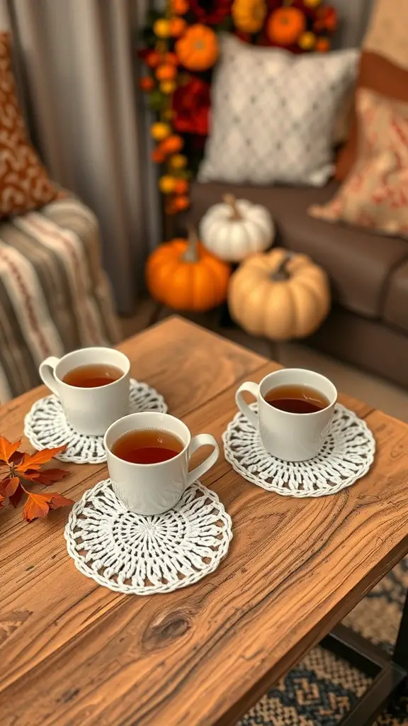 23+ Cozy Fall Crochet Ideas You’ll Love 5 Three white crochet coasters on a wooden table with cups of tea, surrounded by autumn decor and pumpkins.