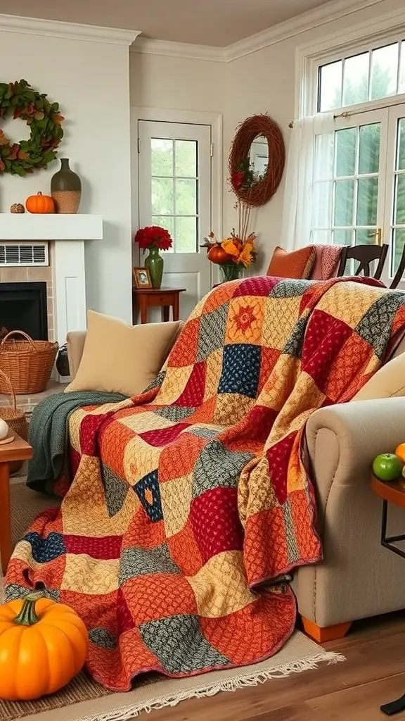 37+ Charming Fall Sewing Projects to Cozy Up Your Home 4 A cozy living room with a colorful patchwork quilt on a sofa, decorated for fall with pumpkins and a wreath.