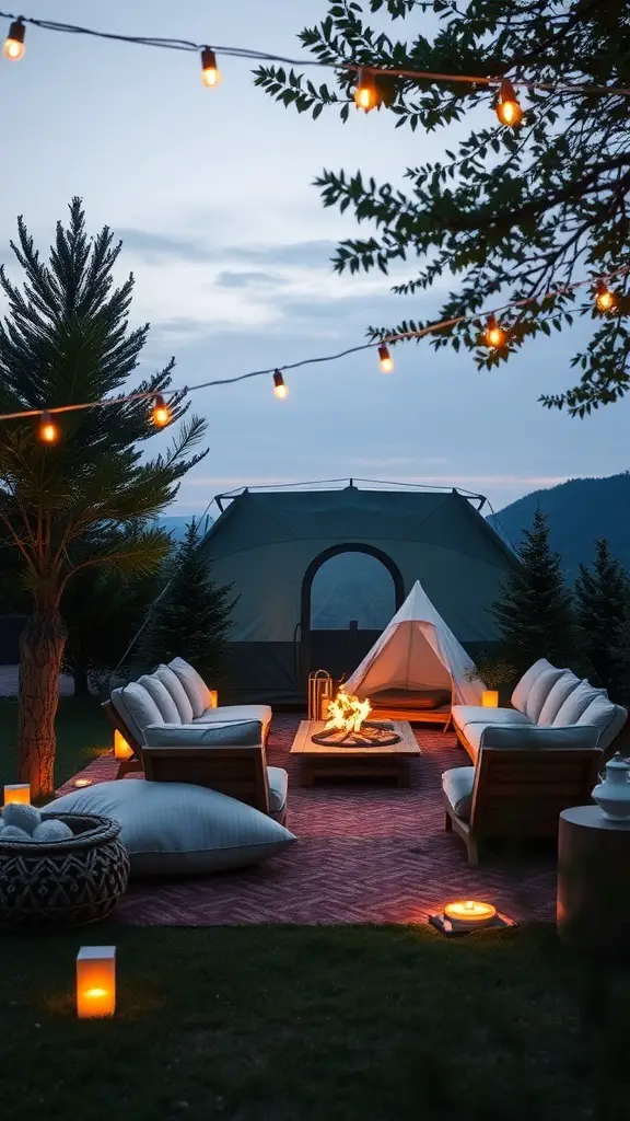 A cozy backyard camping setup with string lights, comfortable seating, and a fire pit.