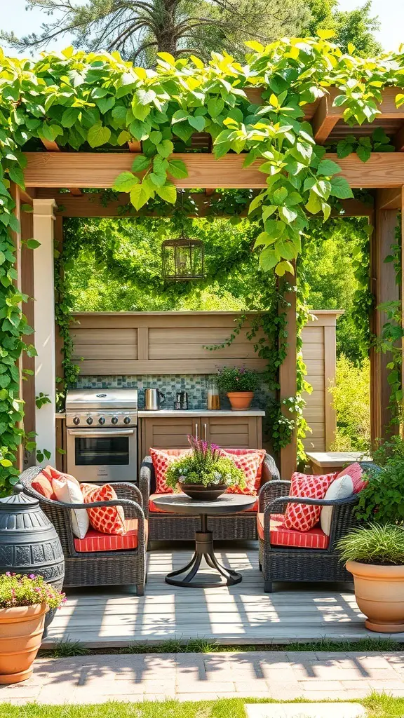 25+ Inspiring Hardscape Backyard Ideas for Your Outdoor Oasis 13 A cozy outdoor seating area under a leafy pergola with an outdoor kitchen.