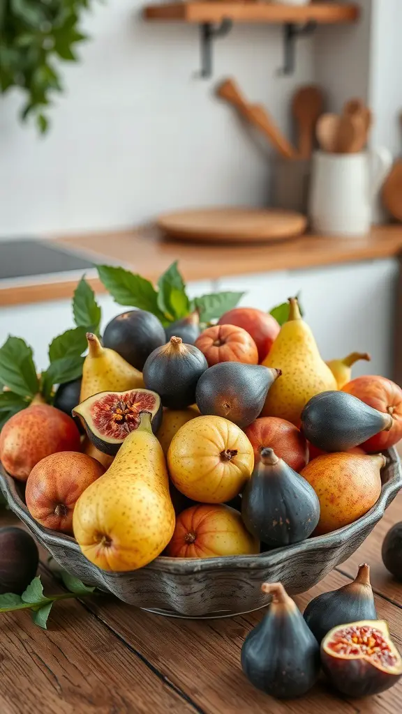A bowl filled with various seasonal fruits including pears, figs, and apples, placed on a wooden table.