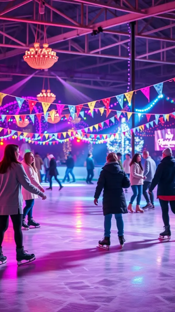 21+ Fun Winter Birthday Party Ideas for All Ages 2 A lively ice skating rink decorated with colorful lights and banners, filled with people enjoying a winter birthday celebration.