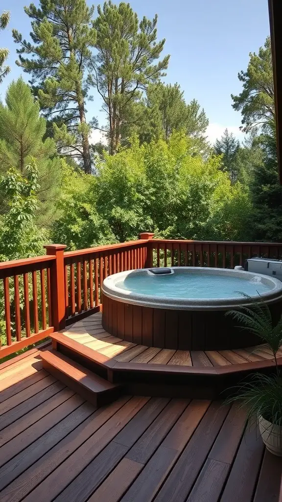 23+ Stunning Hot Tub Deck Designs to Elevate Your Outdoor Oasis 5 Elevated wooden deck with a hot tub surrounded by trees