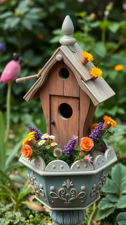 21 Creative Container Garden Ideas for Small Spaces 17 A decorative birdhouse planter with colorful flowers, set in a garden.
