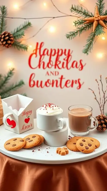23+ Unique January Baby Shower Themes You’ll Love 15 A cozy setup featuring hot cocoa with whipped cream and cookies, decorated with festive lights and pinecones.