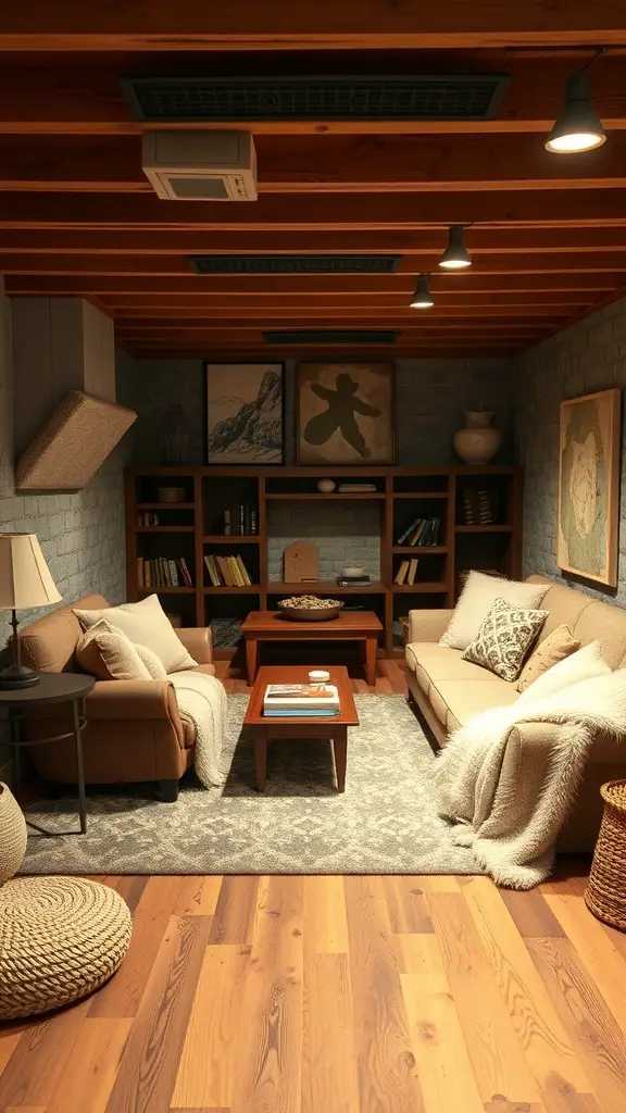19+ Cozy Unfinished Basement Ideas to Transform Your Space 4 Cozy unfinished basement with layered textures, featuring soft sofas, a wooden ceiling, and a warm rug.