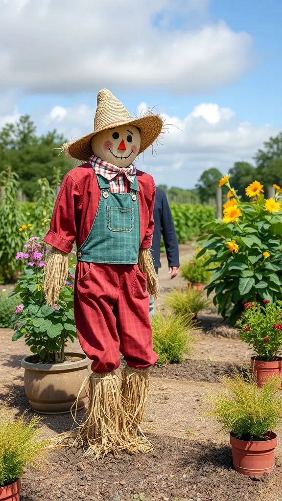 23+ Spooky DIY Outdoor Halloween Decorations to Enchant Your Yard 16 A cheerful scarecrow in a garden surrounded by flowers