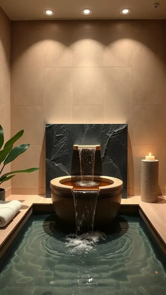 A serene massage room featuring a water fountain with flowing water, surrounded by soft lighting and natural elements.
