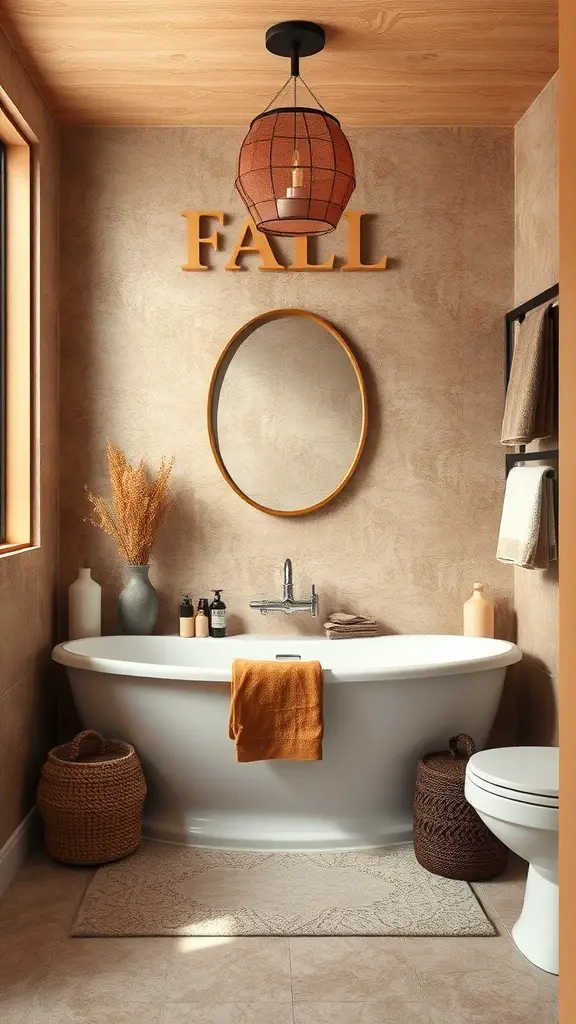27+ Cozy Fall Bathroom Decor Ideas to Refresh Your Space 13 A cozy bathroom with textured walls, warm colors, and fall decor.