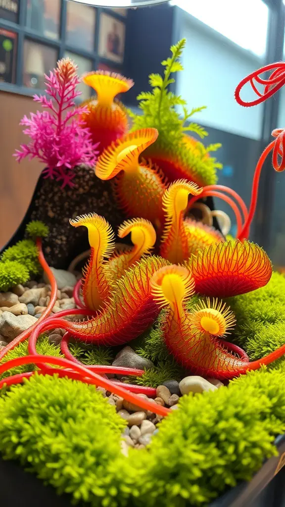 A vibrant terrarium featuring Venus Flytraps in red and yellow, surrounded by green moss and pebbles.