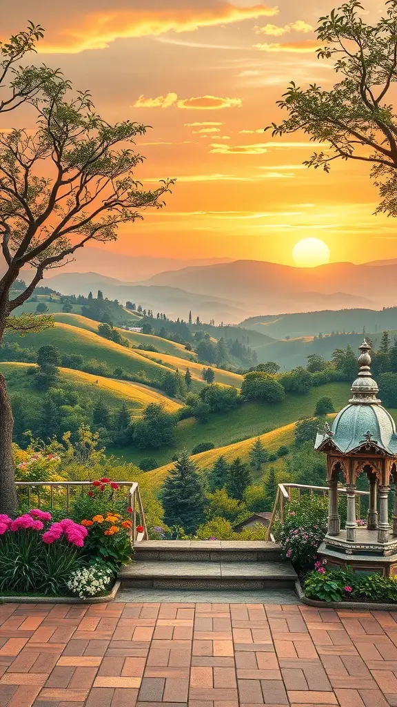 23+ Stunning Garden Mural Ideas to Transform Your Outdoor Space 8 A beautiful garden scene with a gazebo, colorful flowers, and a sunset over rolling hills.