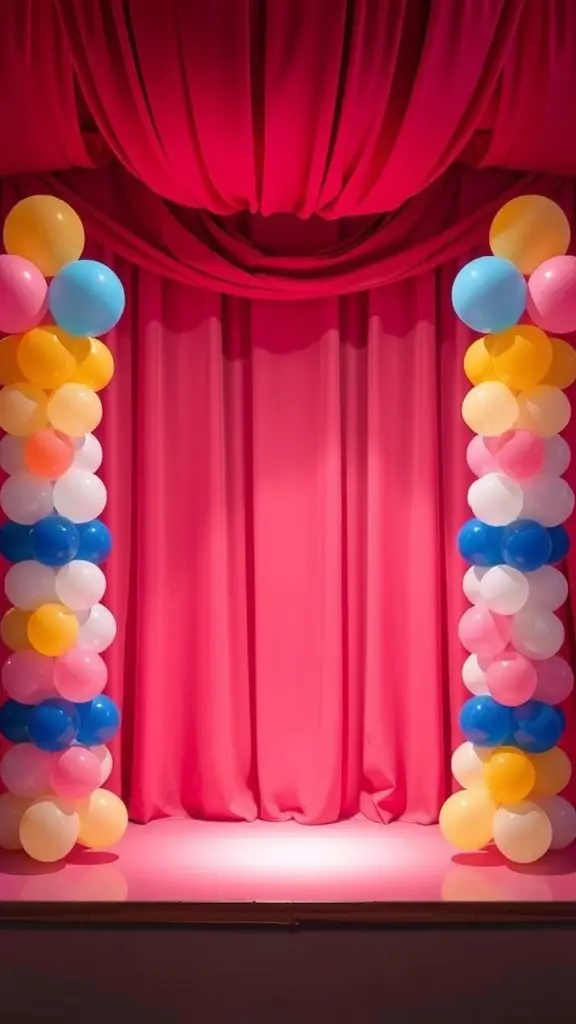 19+ Creative Balloon Decoration Ideas for Your Next Party 2 Colorful balloon columns beside a stage with pink curtains