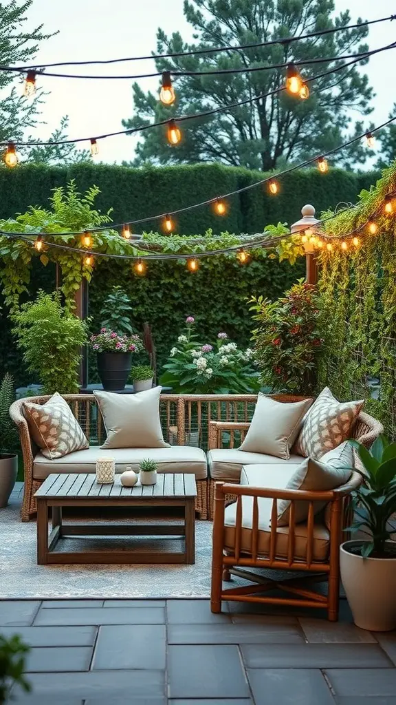 21+ Delightful Wedding Garden Party Ideas to Inspire Your Celebration 7 Cozy outdoor seating area with string lights and plants, perfect for a wedding garden party.