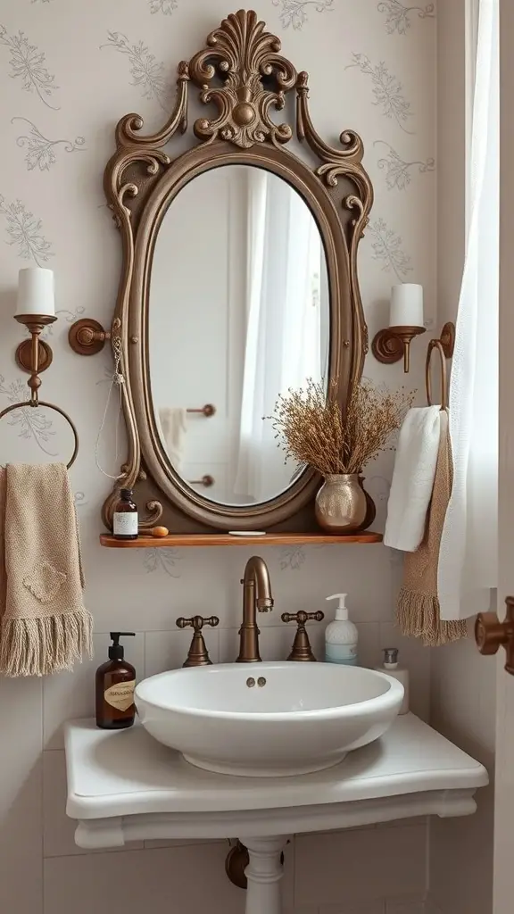 21+ Charming Fall Bathroom Decor Ideas to Transform Your Space 7 A vintage-inspired bathroom with an ornate mirror, warm colors, and elegant fixtures.