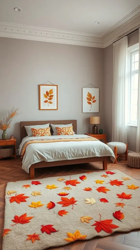 33+ Cozy Fall Bedroom Decor Ideas to Transform Your Space 11 A cozy bedroom featuring an autumn-themed area rug with colorful leaves.