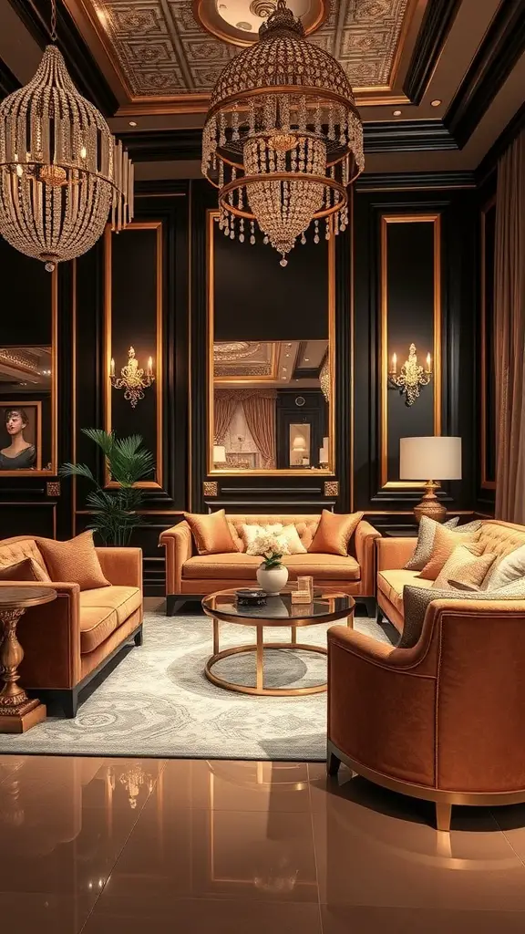 25+ Stylish Bloxburg Living Room Ideas You’ll Love 16 Luxurious modern glam living room with black walls, chandeliers, and plush furniture.