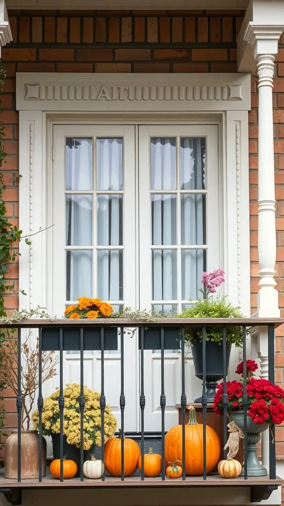 A beautifully decorated balcony featuring pumpkins, flowers, and rustic decor for fall.