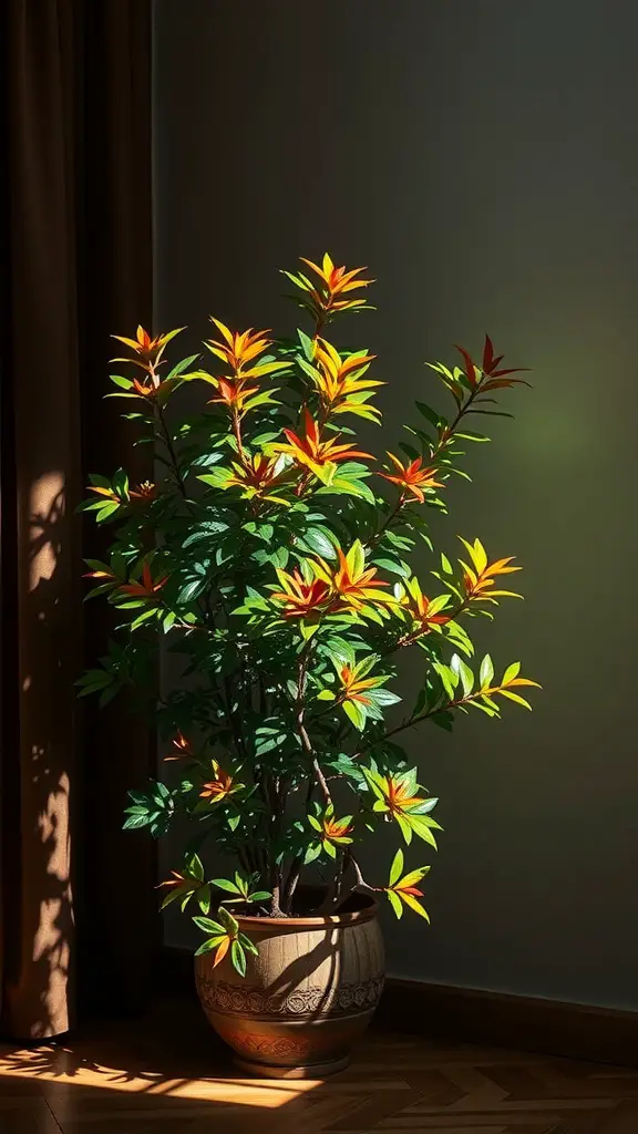 37+ Best Indoor Plants for Low Light Living Spaces 4 A Chinese Evergreen plant with colorful foliage in a dimly lit room.