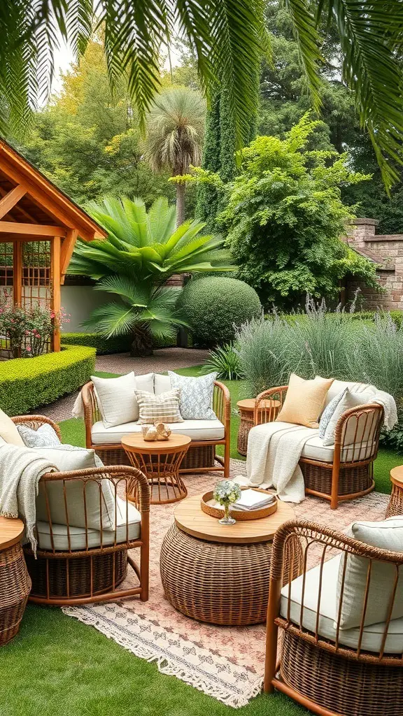21+ Delightful Garden Tea Party Ideas for Your Next Event 19 Cozy garden seating arrangement with rattan chairs and wooden tables, surrounded by lush greenery.