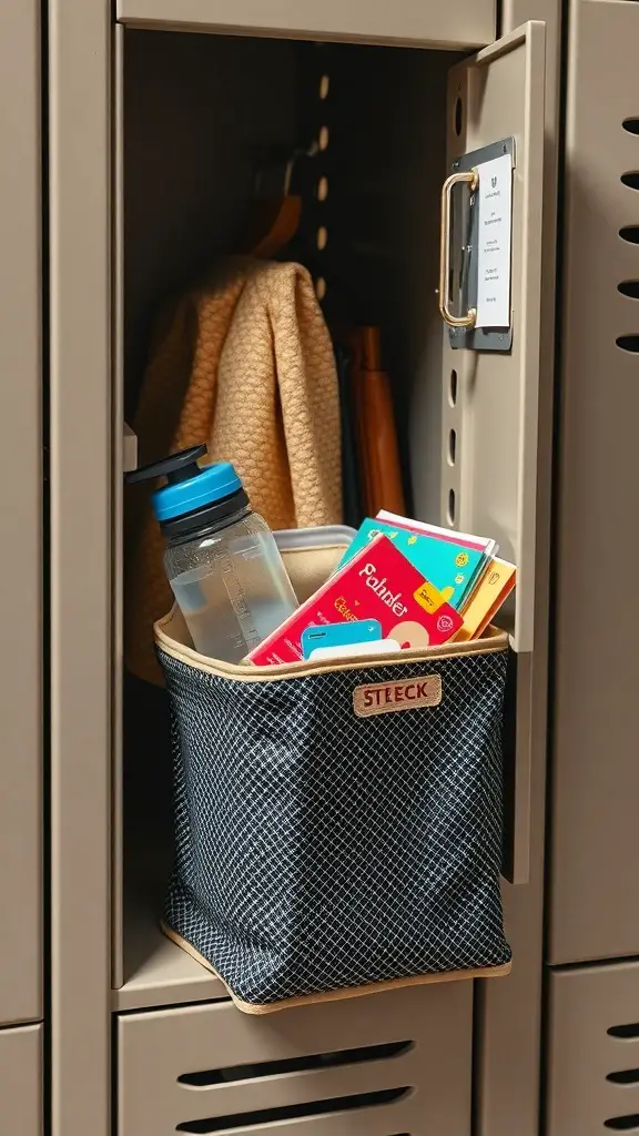 17+ Creative Locker Organization Ideas to Maximize Space 15 A portable caddy filled with a water bottle, books, and a blanket inside a locker.