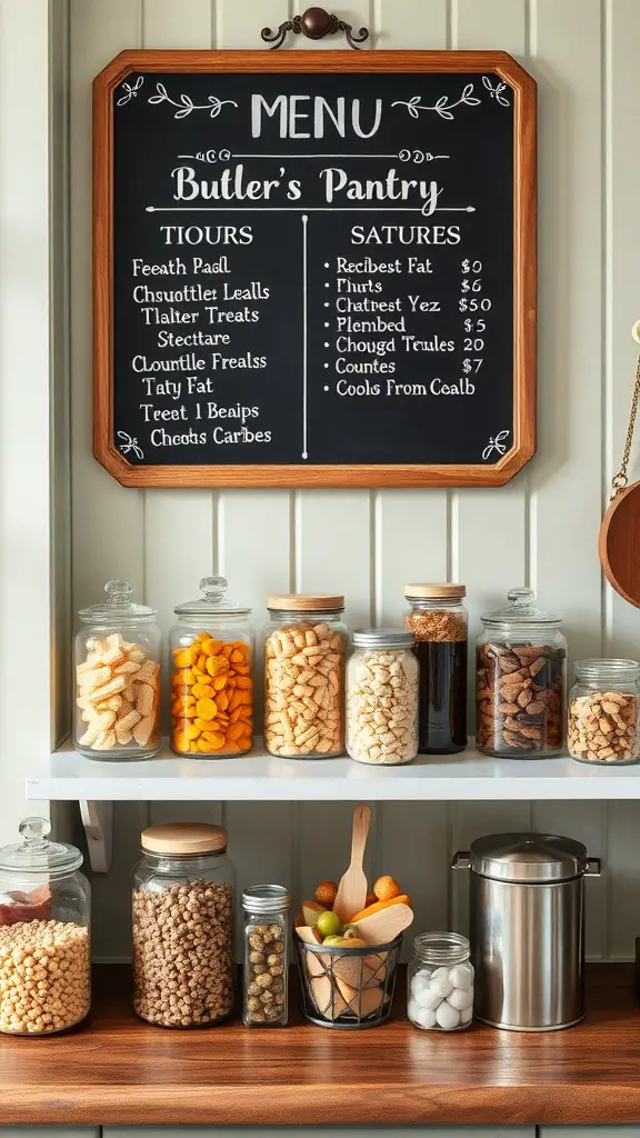 A cozy butler's pantry with a snack station featuring jars of various snacks and a chalkboard menu.