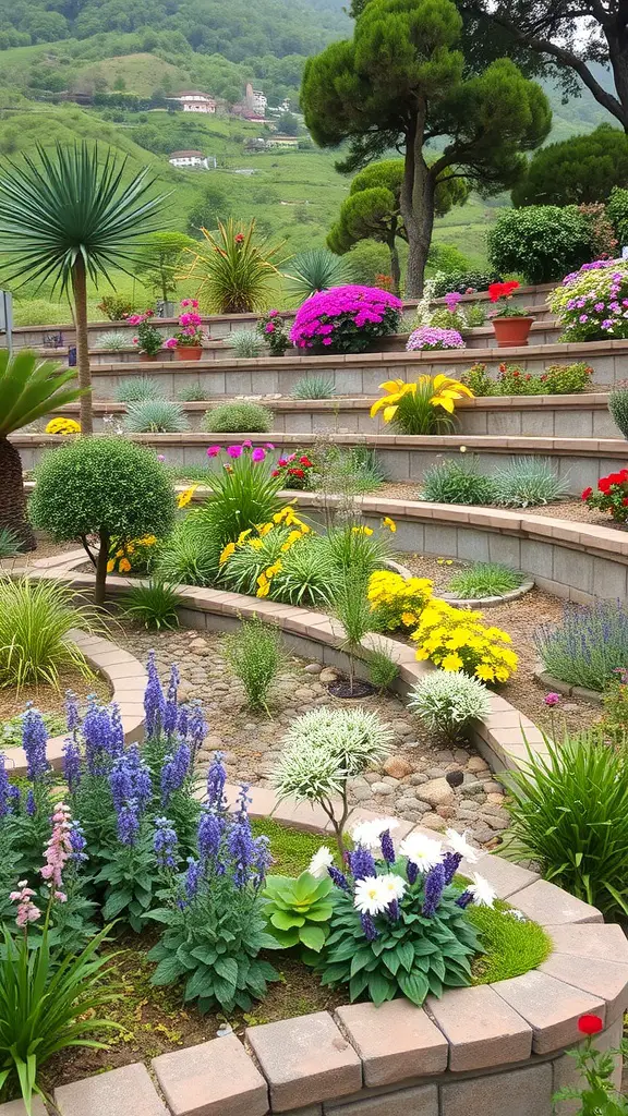 19+ Inspiring Terraced Landscaping Ideas for Your Outdoor Space 9 A terraced garden with colorful flowers and plants arranged in steps on a hillside.