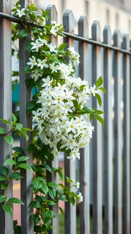 19+ Stunning Backyard Plants to Grow Along Your Fence 14 Jasmine flowers climbing a wooden fence