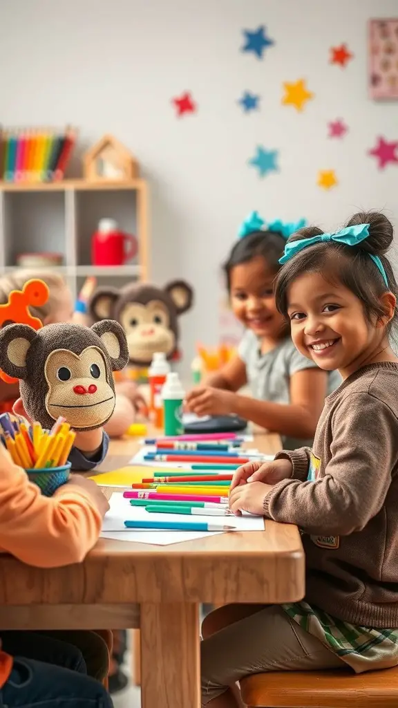 23+ Creative Curious George Birthday Party Ideas for a Fun Celebration 2 Children making monkey masks at a craft station for a birthday party.