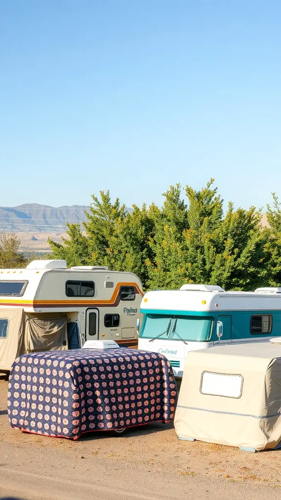 15+ Stylish RV Covers with Deck Designs to Elevate Your Outdoor Space 13 A variety of RVs with different covers in a scenic outdoor setting.