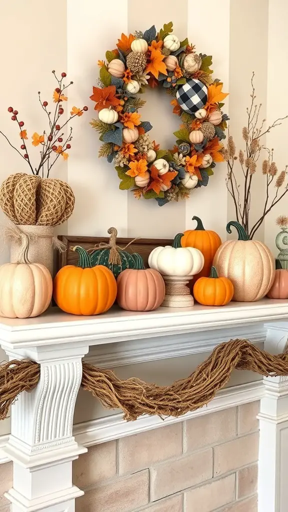 A cozy fall mantel decorated with various pumpkins, a wreath, and candles.