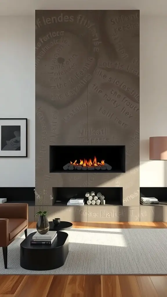 25+ Cozy Living Room Fireplace Ideas for a Warm Atmosphere 12 A modern fireplace insert with flames, set against a textured wall in a stylish living room.