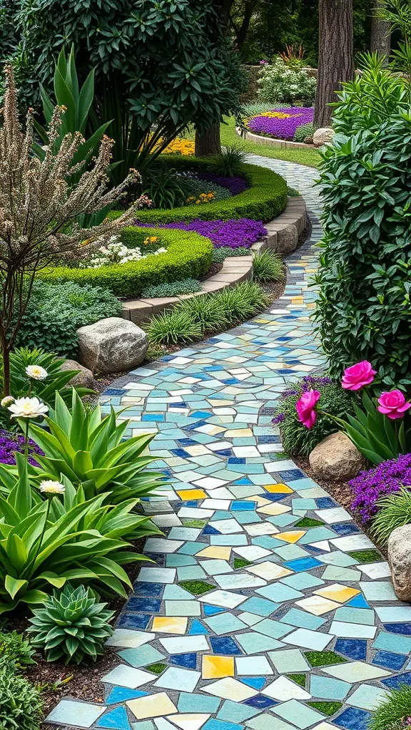 A colorful glass mosaic pathway winding through a lush garden filled with flowers and greenery.
