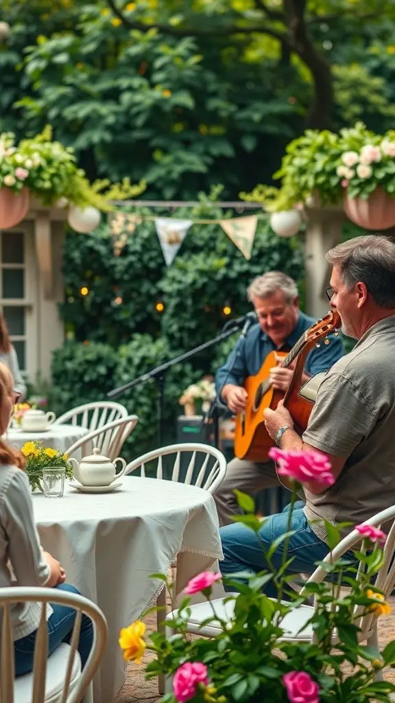21+ Delightful Garden Tea Party Ideas for Your Next Event 20 A garden tea party with live music, featuring guests enjoying tea and a musician playing guitar.