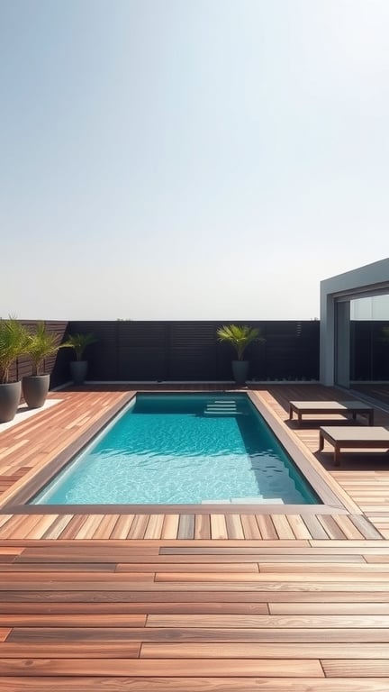 19+ Amazing Homemade Swimming Pools You'll Want to Dive Into 8 A modern swimming pool surrounded by a wooden deck and planters.