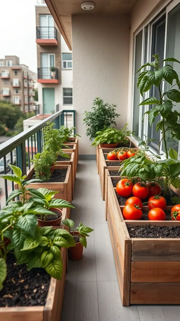 A balcony garden with raised beds filled with tomatoes and herbs.