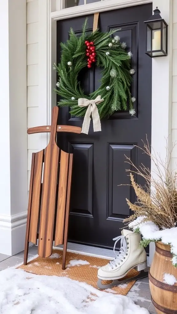 A vintage wooden sled and ice skates displayed at a front door with a wreath and plaid bow.