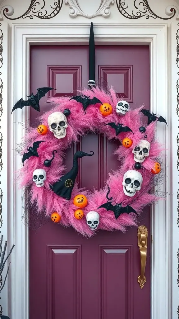 23+ Stunning Pink Halloween Decor Ideas for a Unique Celebration 14 A pink Halloween wreath with skulls, bats, and pumpkins hanging on a door.