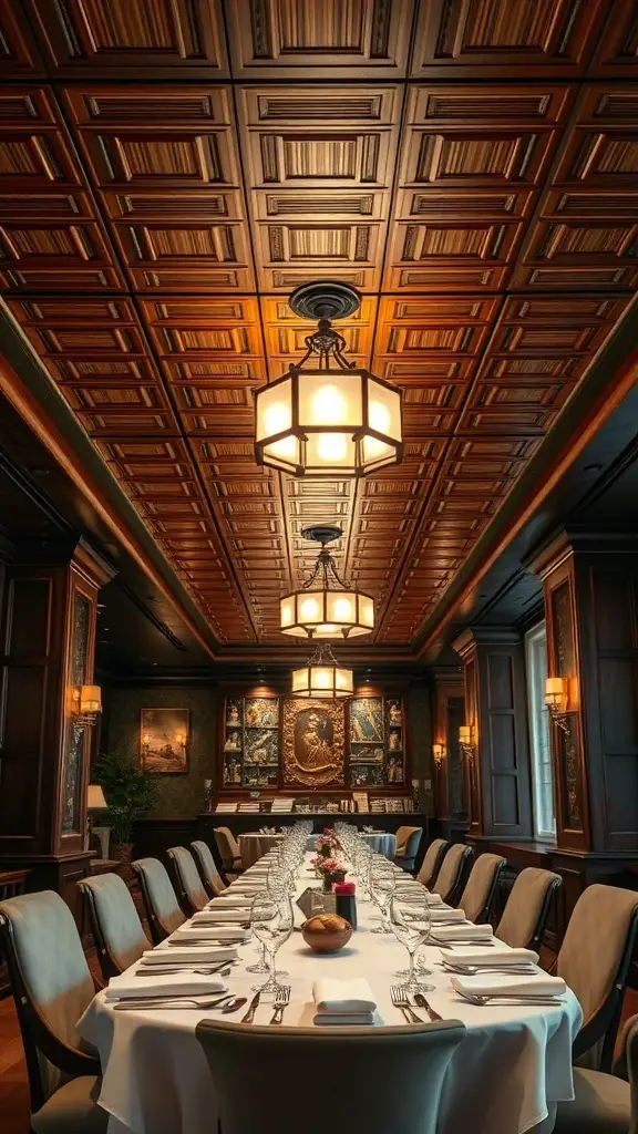 A beautifully designed wooden ceiling with intricate tiles and warm lighting in a dining area.