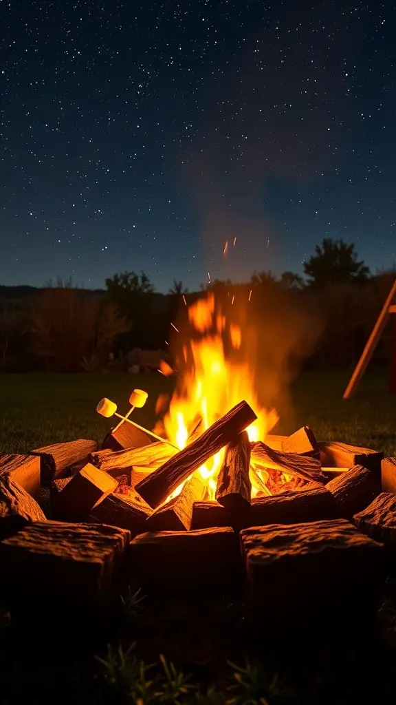 A cozy campfire with marshmallows roasting under a starry night sky
