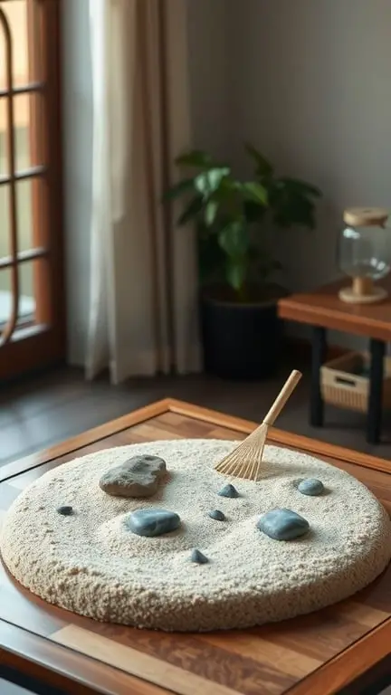 17+ Creative Mini Garden Ideas for Small Spaces 6 A miniature Zen garden with sand, stones, and a rake on a wooden table