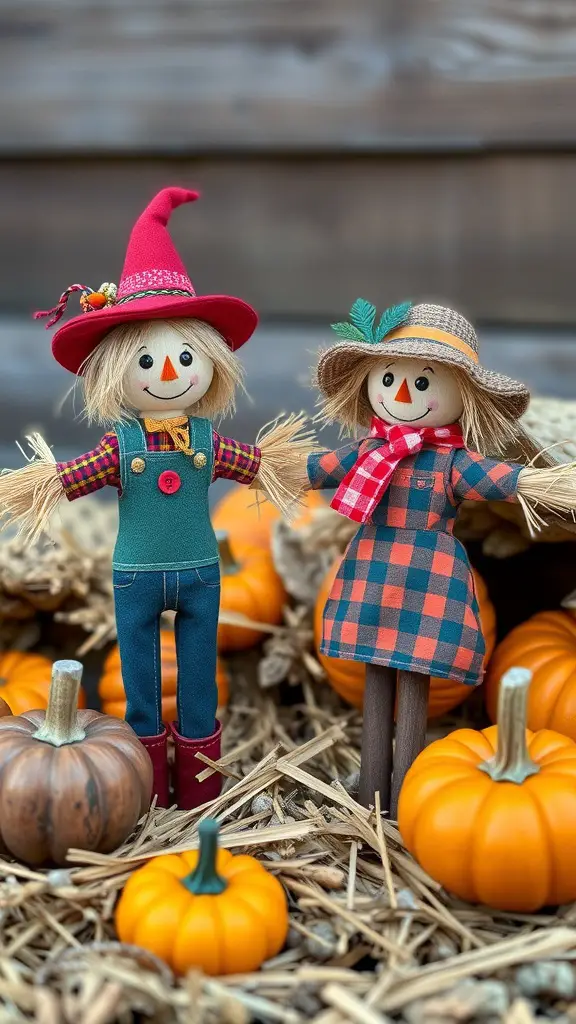 27+ Creative Fall Wood Crafts to Make This Season 4 Two miniature wooden scarecrows among pumpkins, one wearing a red hat and plaid shirt, the other in a straw hat and checkered dress.