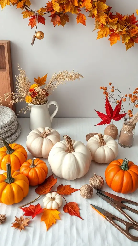 A cozy fall decor setup featuring pumpkins, autumn leaves, and crafting supplies.