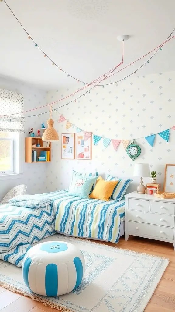 A whimsical blue and white children's room featuring a cozy bed, colorful pillows, a pouf, and playful decorations.