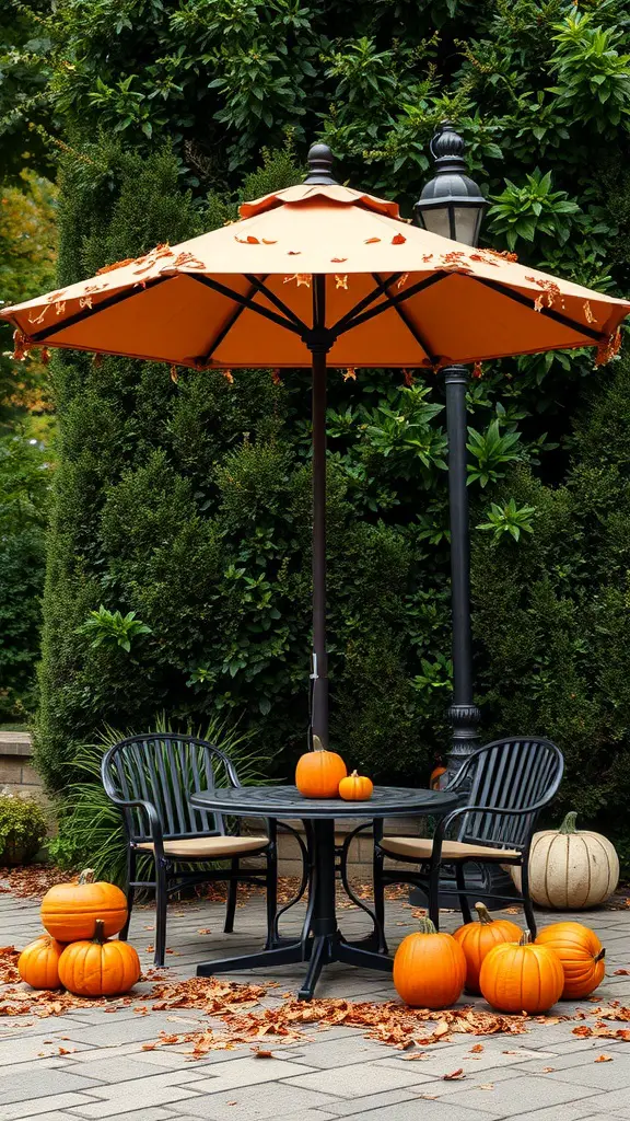 17+ Creative Patio Umbrella Ideas for Your Outdoor Space 16 A patio with an orange umbrella decorated with leaves, surrounded by pumpkins and greenery.