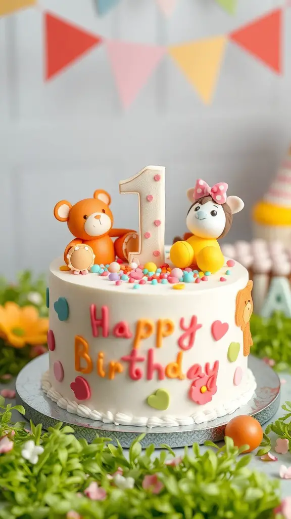19+ Fun and Creative 1st Birthday Party Ideas for Your Little One 2 A colorful first birthday cake with animal figures and decorations
