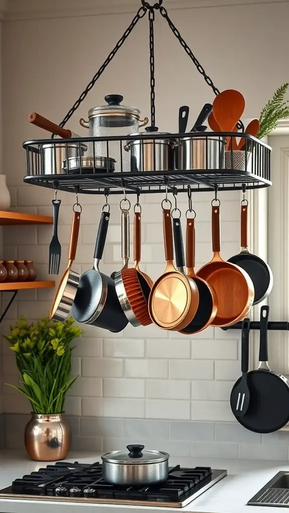 23+ Genius Ways to Organize Your Pots and Pans Storage 5 A stylish hanging pot rack displaying various pots and pans in a modern kitchen.